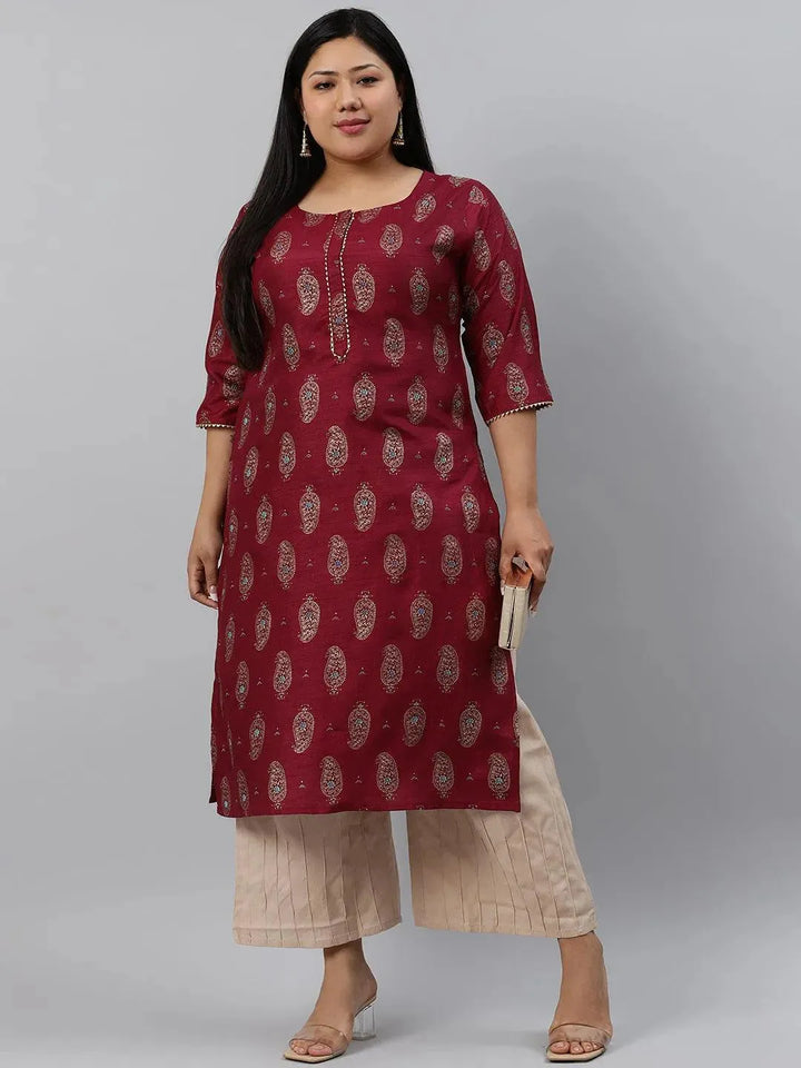 Plus Size Maroon Printed Silk Kurta - Libas