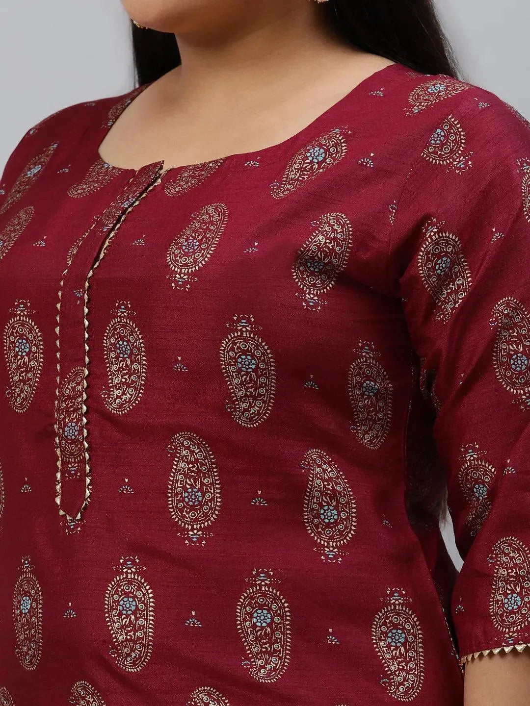 Plus Size Maroon Printed Silk Kurta - Libas