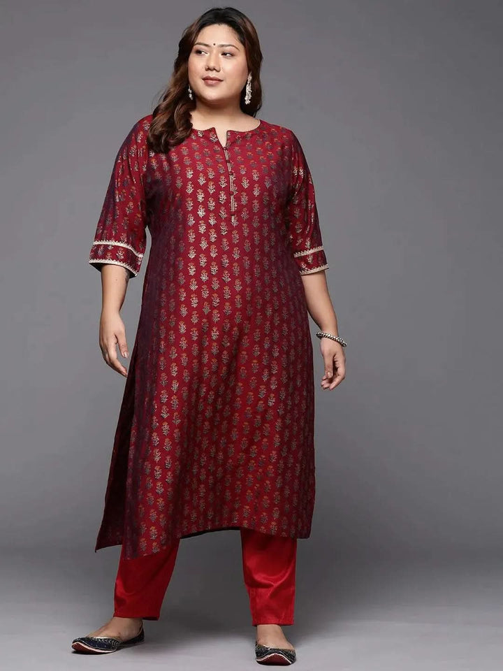 Plus Size Maroon Printed Silk Straight Kurta - Libas