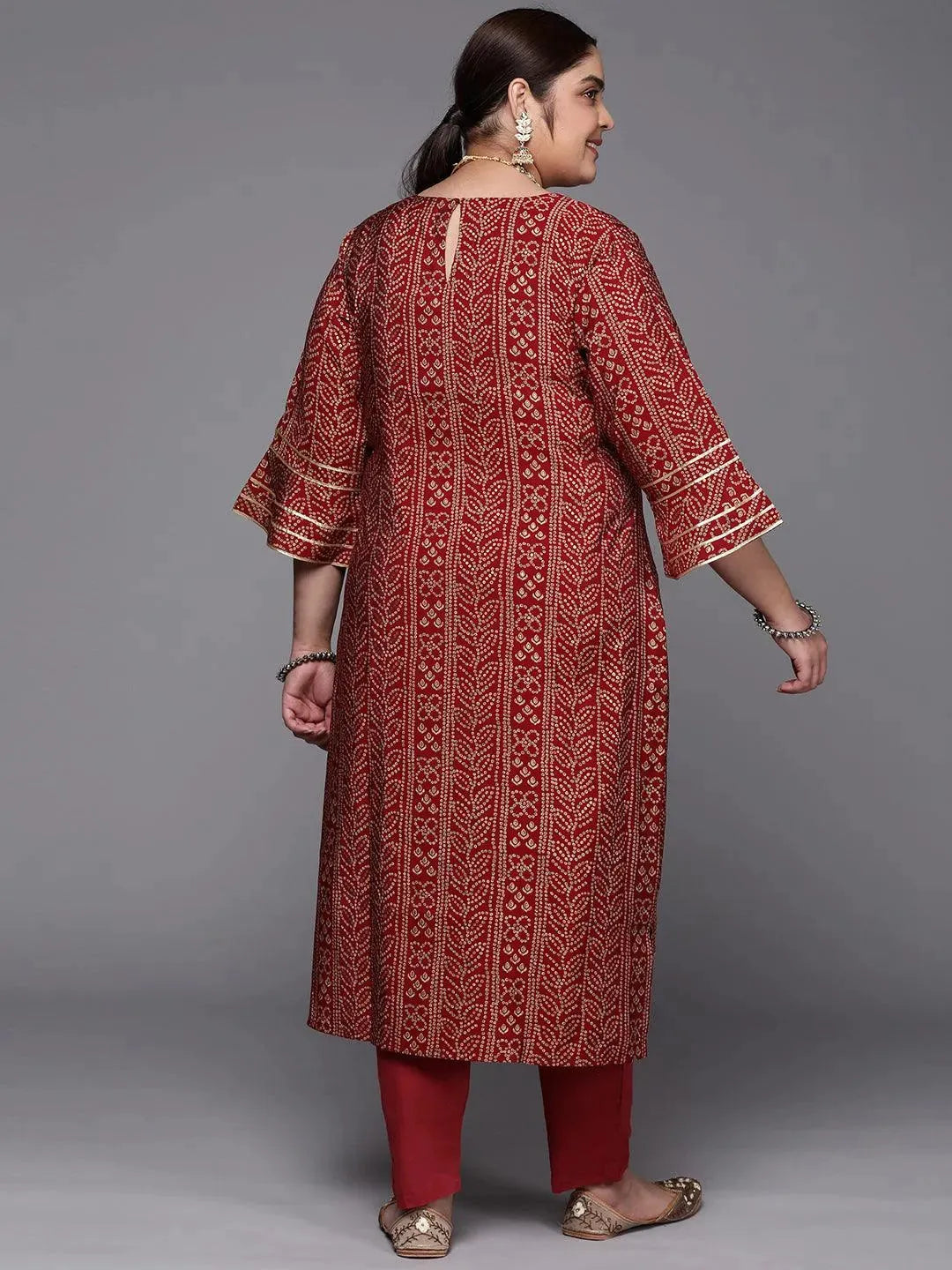 Plus Size Maroon Printed Silk Straight Kurta - Libas