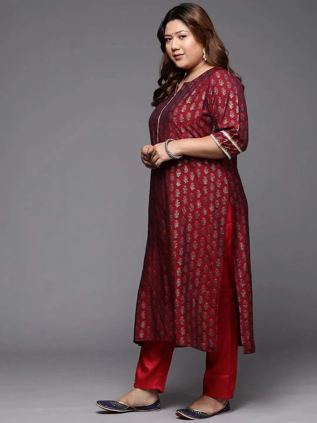 Plus Size Maroon Printed Silk Straight Kurta - Libas 