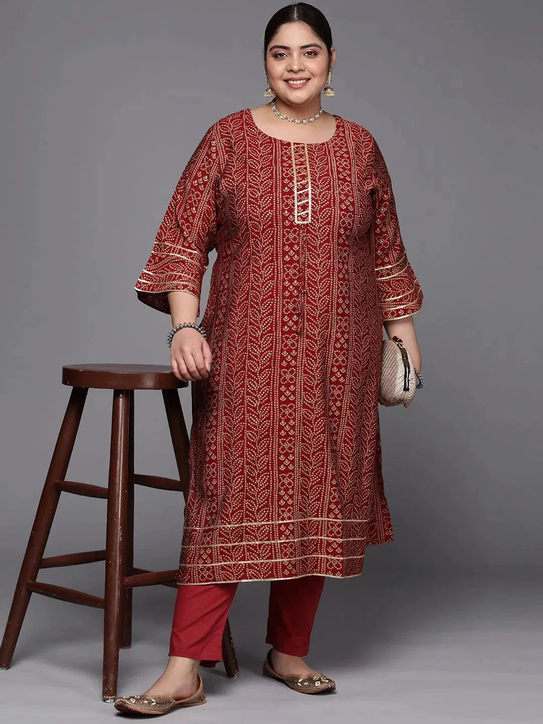 Plus Size Maroon Printed Silk Straight Kurta - Libas