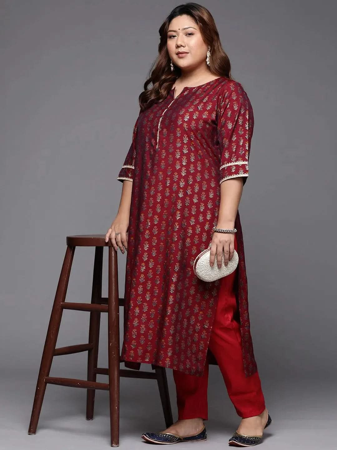 Plus Size Maroon Printed Silk Straight Kurta - Libas