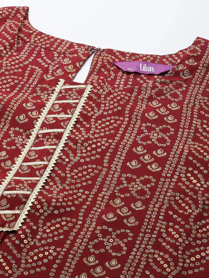 Plus Size Maroon Printed Silk Straight Kurta - Libas