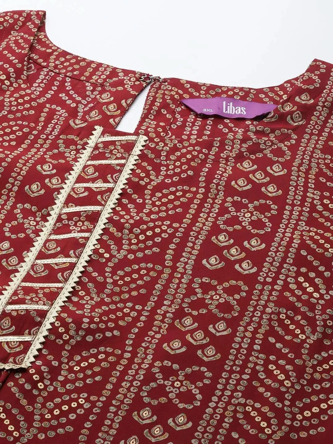 Plus Size Maroon Printed Silk Straight Kurta - Libas 