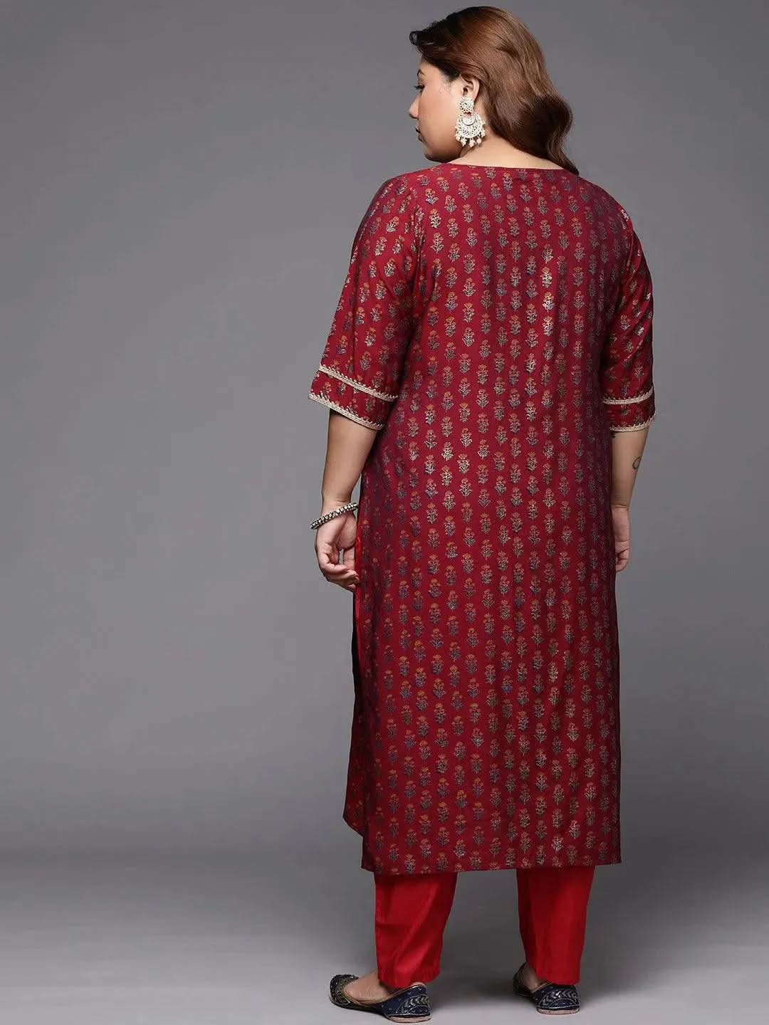 Plus Size Maroon Printed Silk Straight Kurta - Libas 