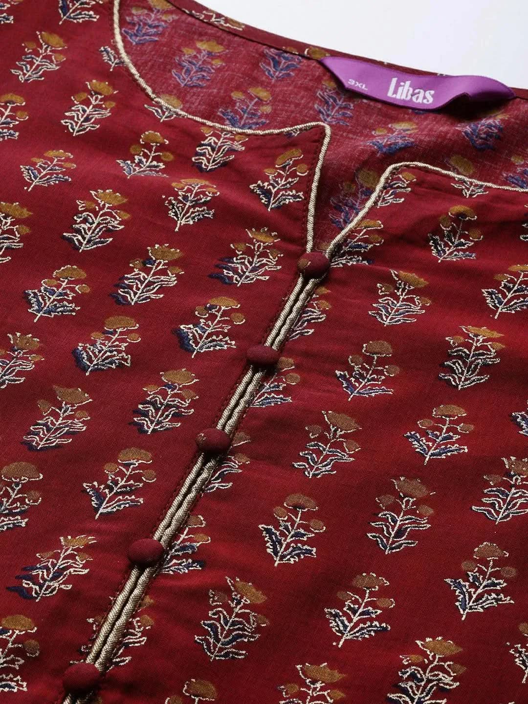 Plus Size Maroon Printed Silk Straight Kurta - Libas 