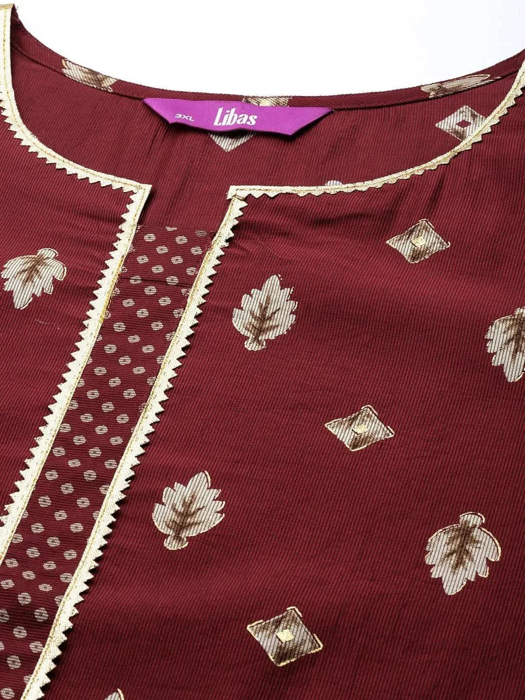 

Plus Size Maroon Printed Silk Straight Kurta