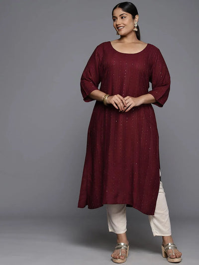 Plus Size Maroon Rayon Embroidered Straight Kurta - Libas