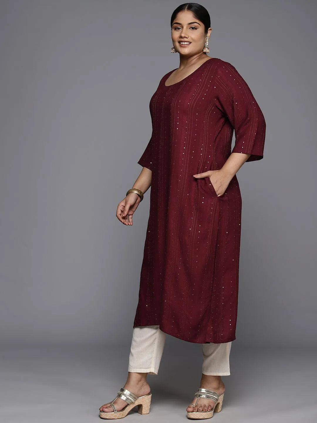 Plus Size Maroon Rayon Embroidered Straight Kurta - Libas