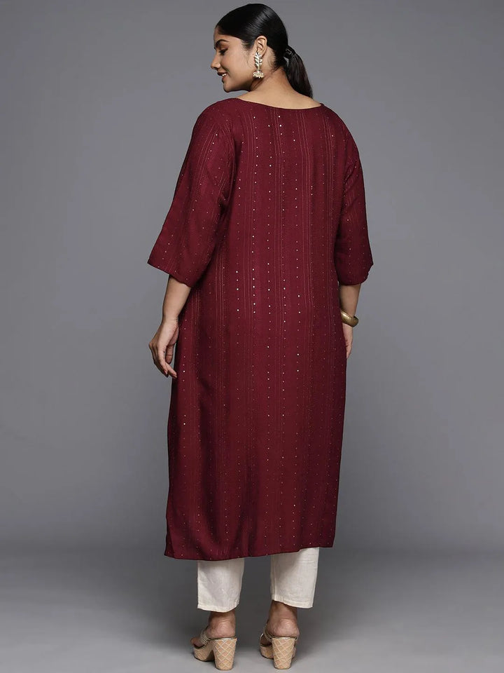 Plus Size Maroon Rayon Embroidered Straight Kurta - Libas