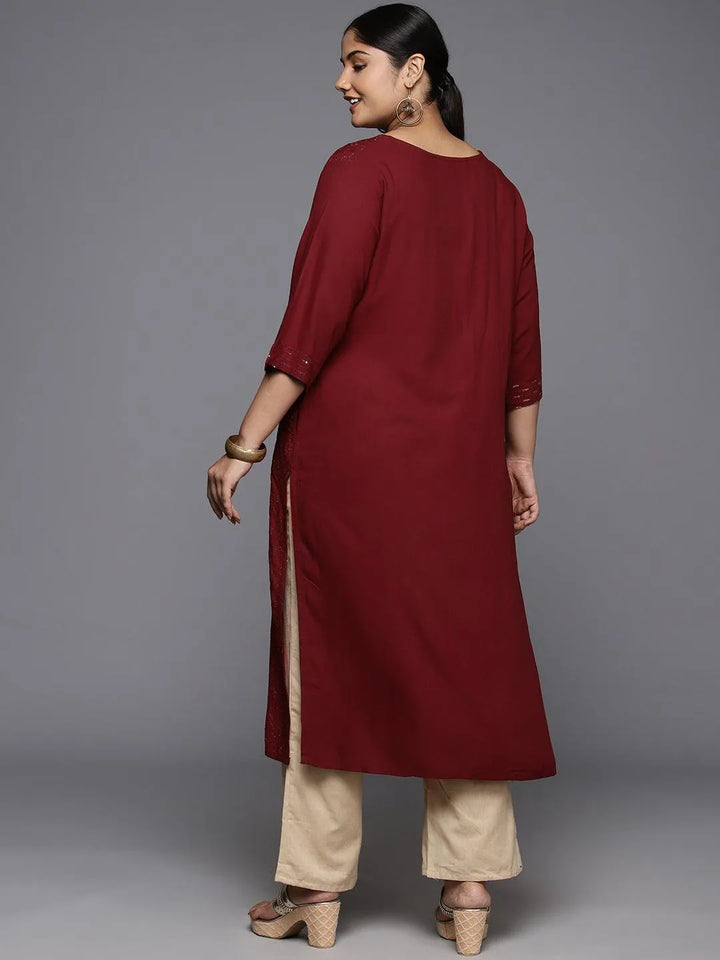 Plus Size Maroon Rayon Embroidered Straight Kurta - Libas