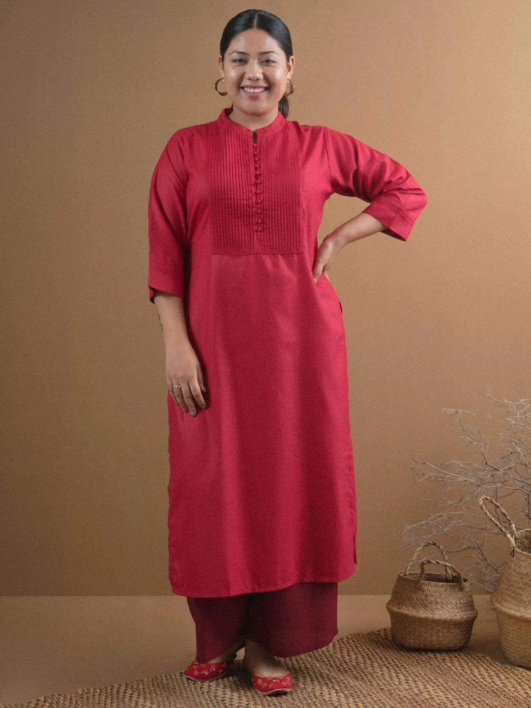 Plus Size Maroon Solid Cotton Kurta - Libas