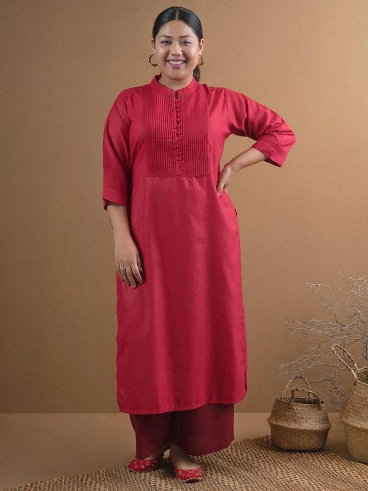 Plus Size Maroon Solid Cotton Kurta - Libas