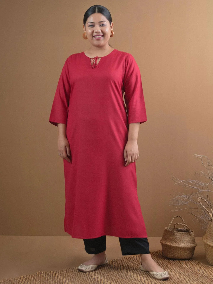 Plus Size Maroon Solid Cotton Kurta - Libas