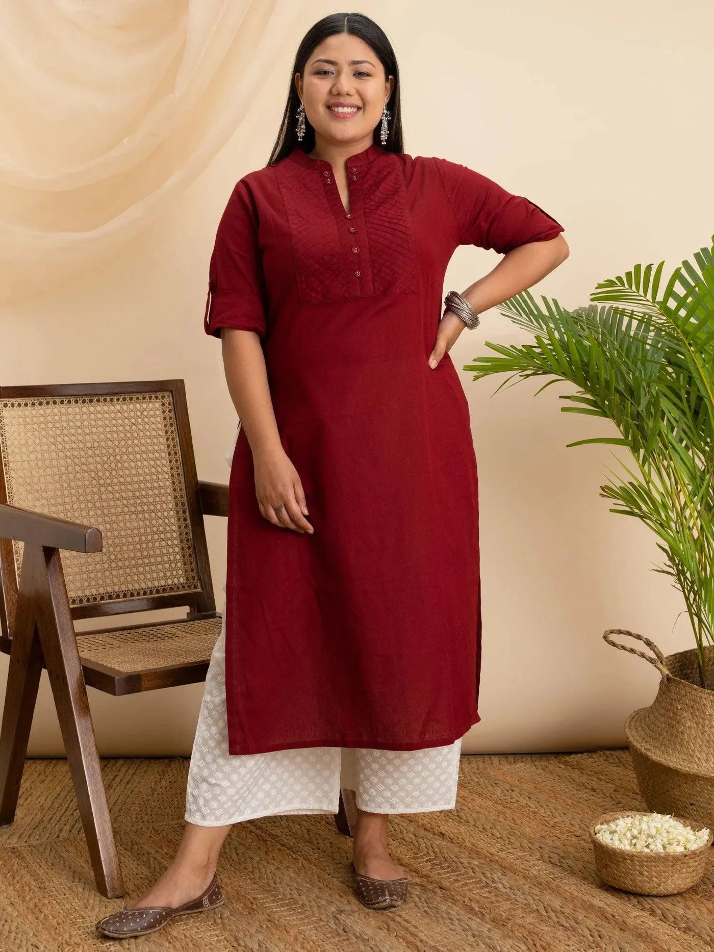 Plus Size Maroon Solid Cotton Kurta - Libas