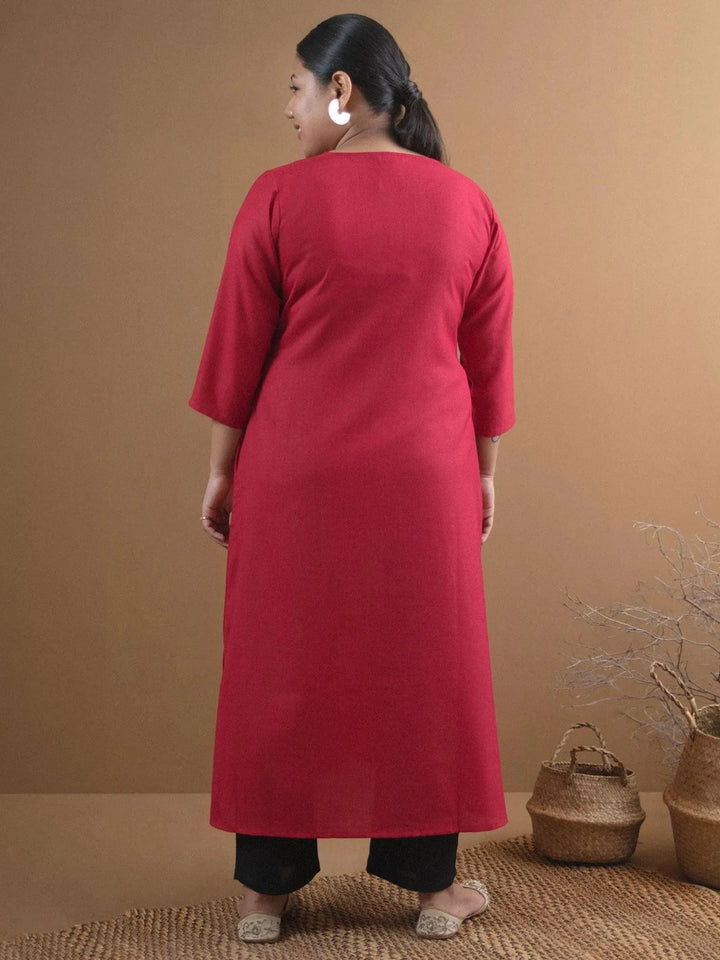 Plus Size Maroon Solid Cotton Kurta - Libas