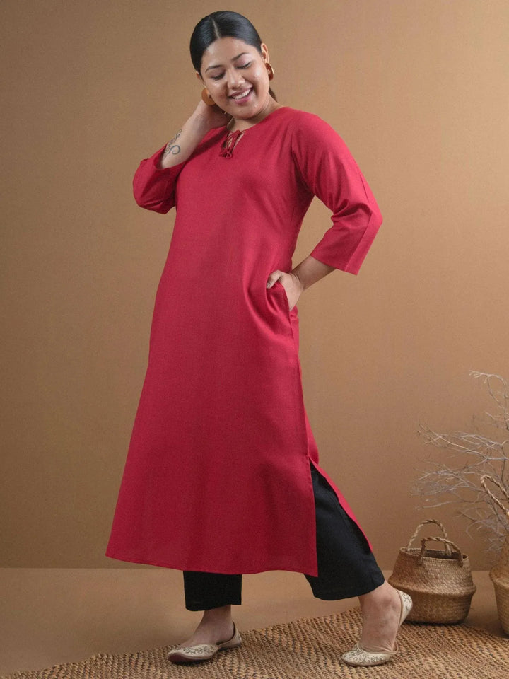 Plus Size Maroon Solid Cotton Kurta - Libas