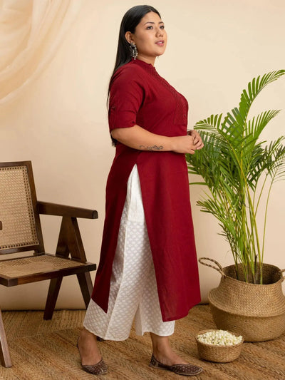 Plus Size Maroon Solid Cotton Kurta - Libas