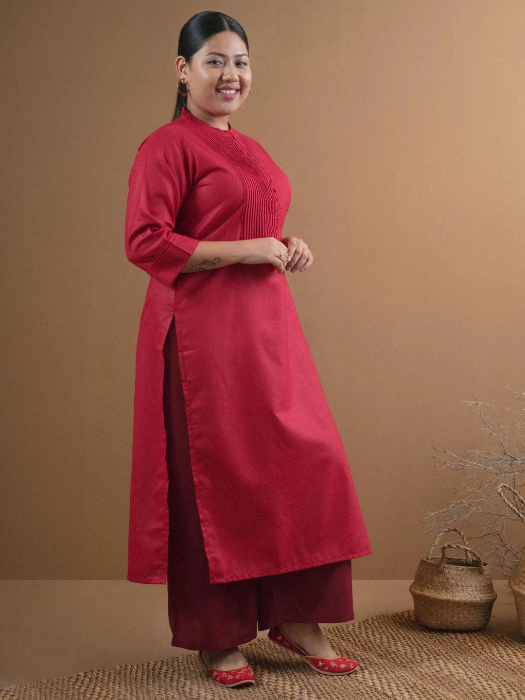 Plus Size Maroon Solid Cotton Kurta - Libas