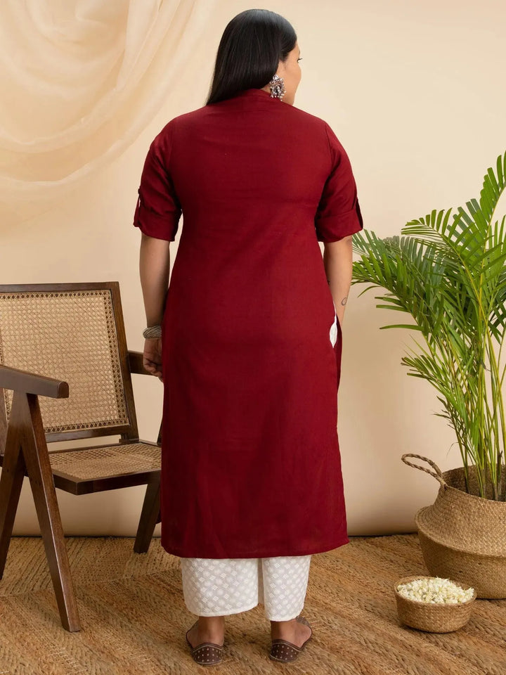 Plus Size Maroon Solid Cotton Kurta - Libas