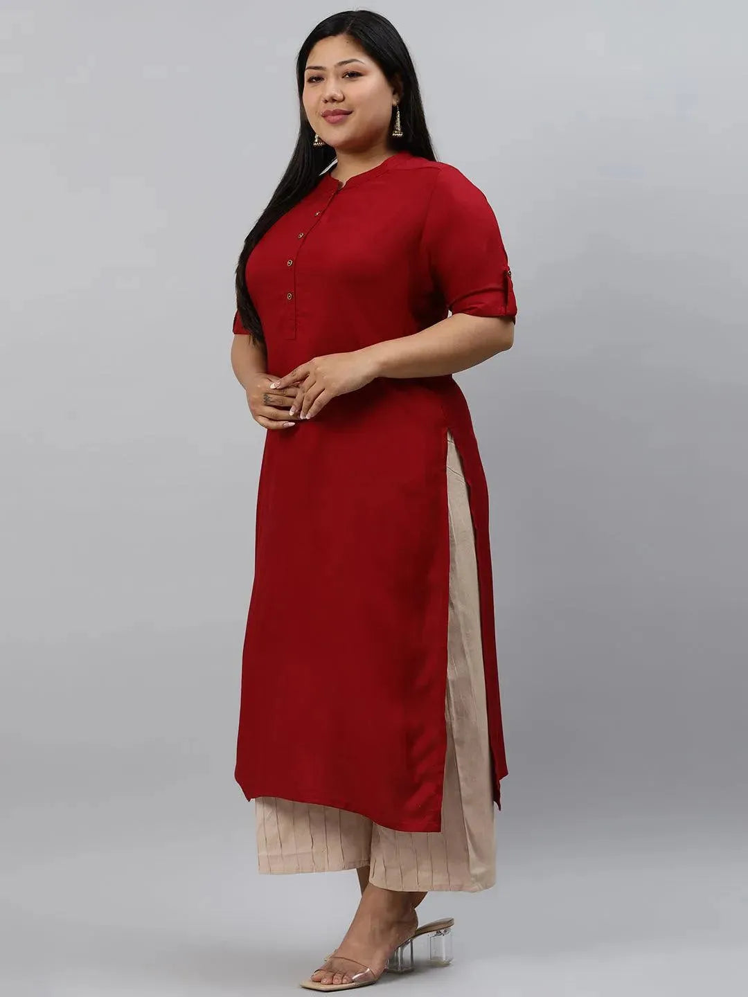 Plus Size Maroon Solid Rayon Kurta - Libas 