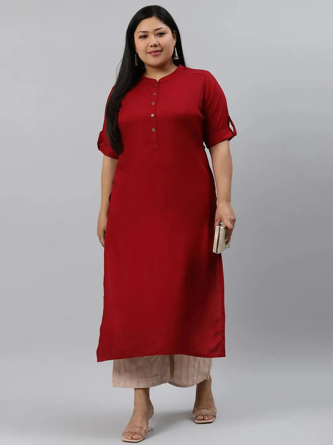 Plus Size Maroon Solid Rayon Kurta - Libas 