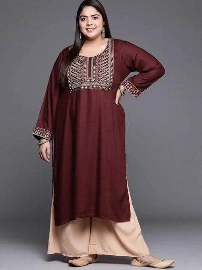 Plus Size Maroon Solid Wool Kurta - Libas