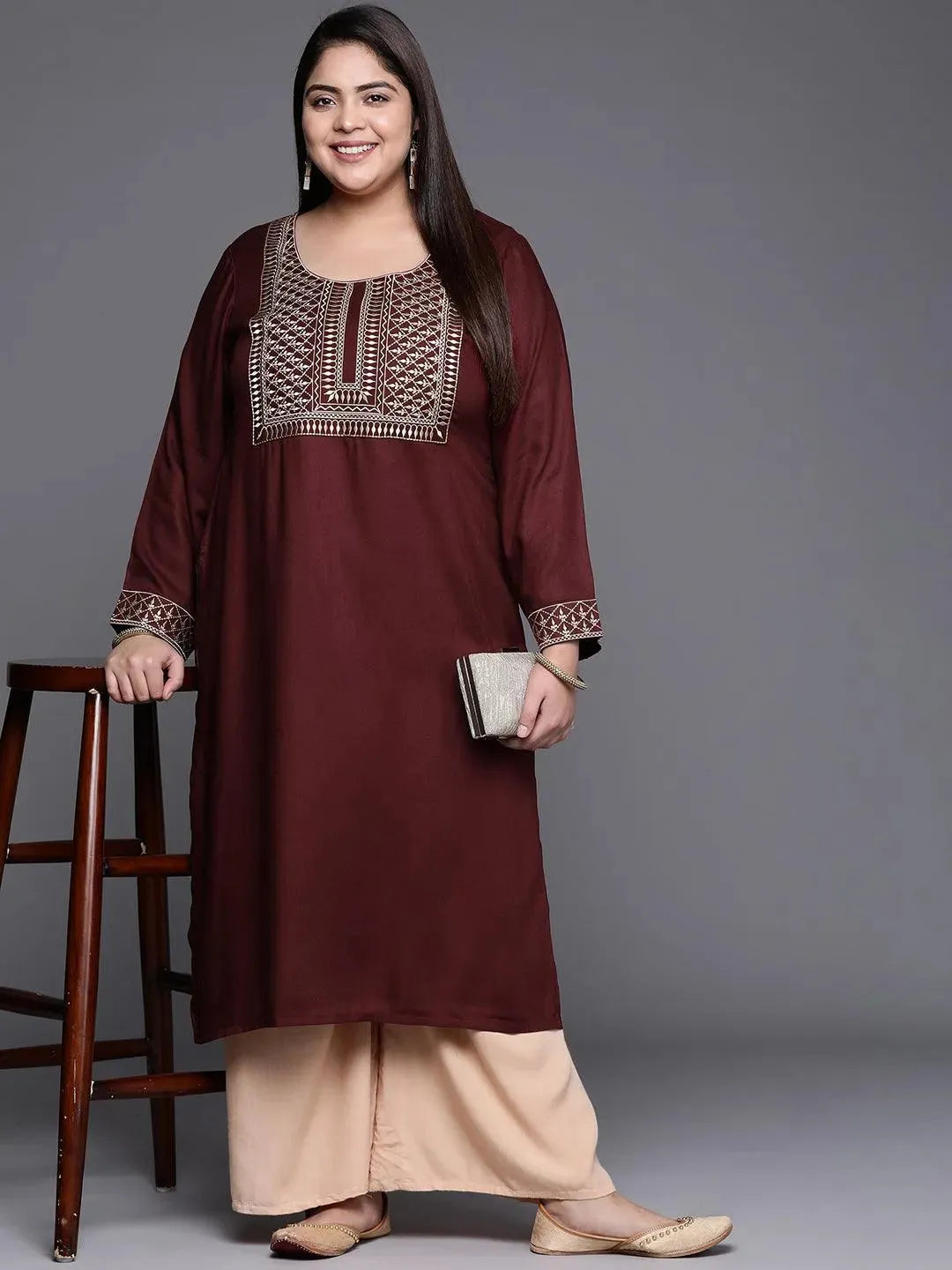 Plus Size Maroon Solid Wool Kurta - Libas