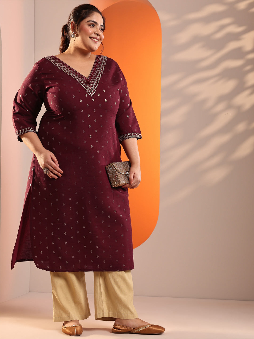 Plus Size Maroon Woven Design Silk Blend Straight Kurta