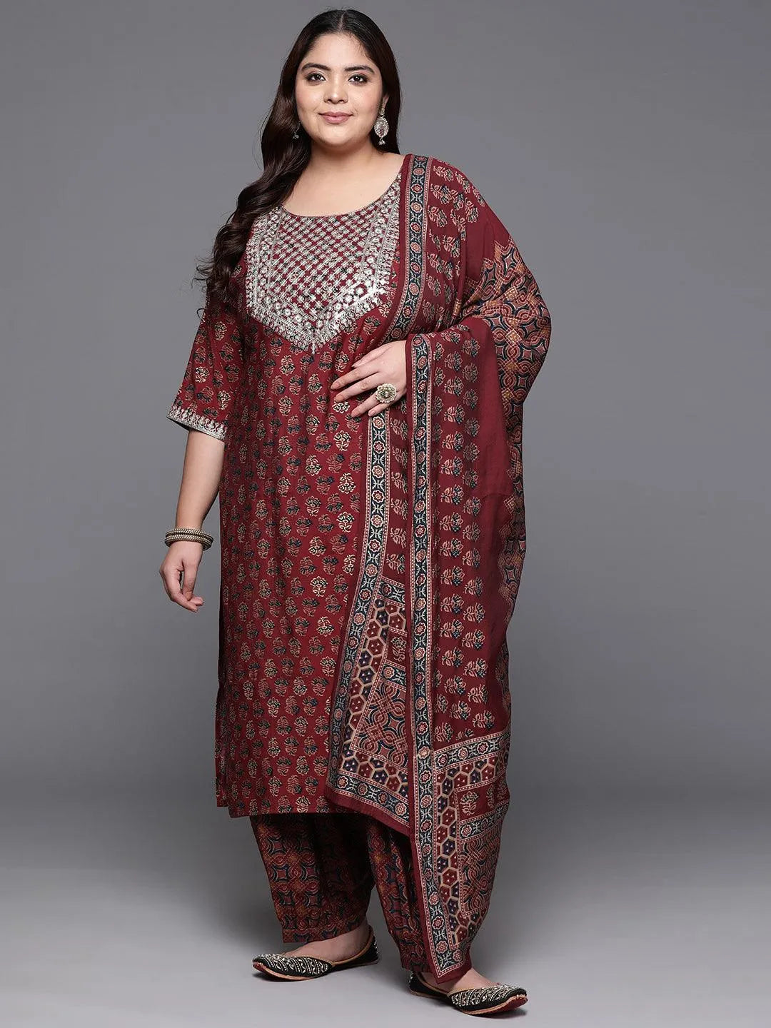 Plus Size Maroon Yoke Design Silk Blend Straight Kurta With Salwar & Dupatta - Libas 