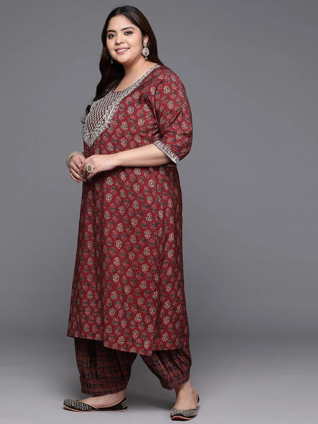 Plus Size Maroon Yoke Design Silk Blend Straight Kurta With Salwar & Dupatta - Libas 