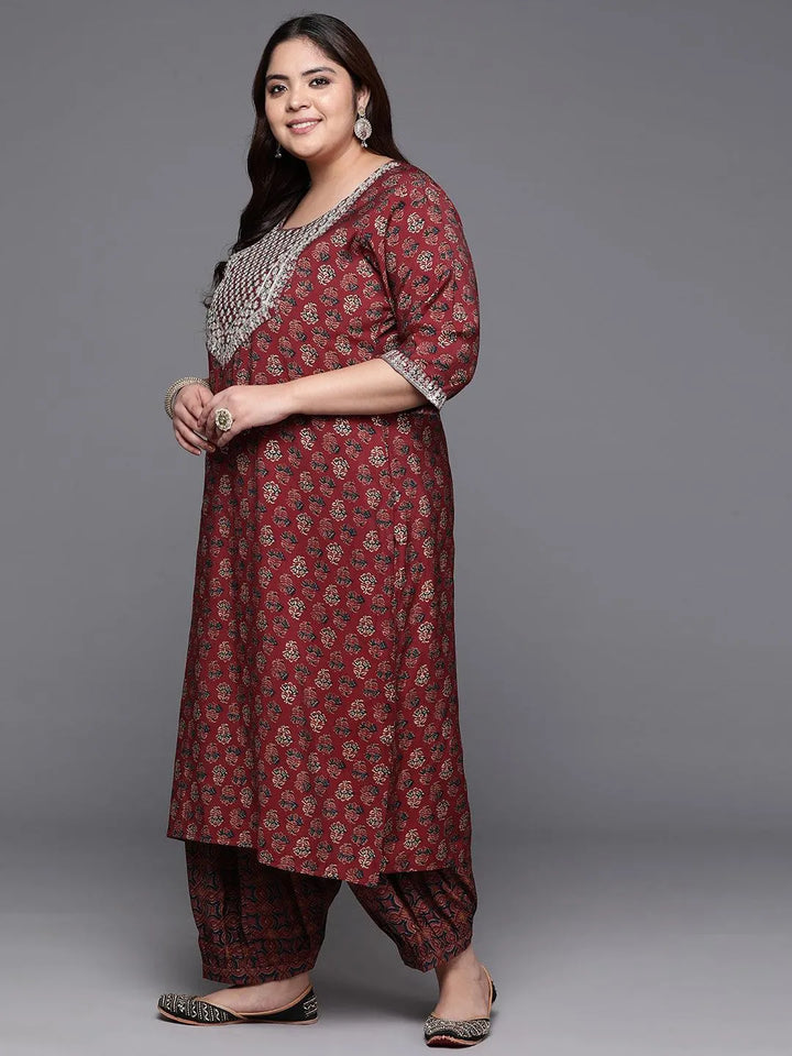 Plus Size Maroon Yoke Design Silk Blend Straight Kurta With Salwar & Dupatta - Libas