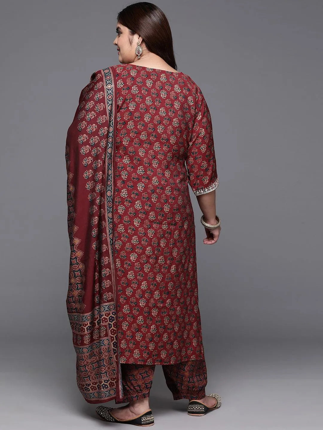 Plus Size Maroon Yoke Design Silk Blend Straight Kurta With Salwar & Dupatta - Libas 