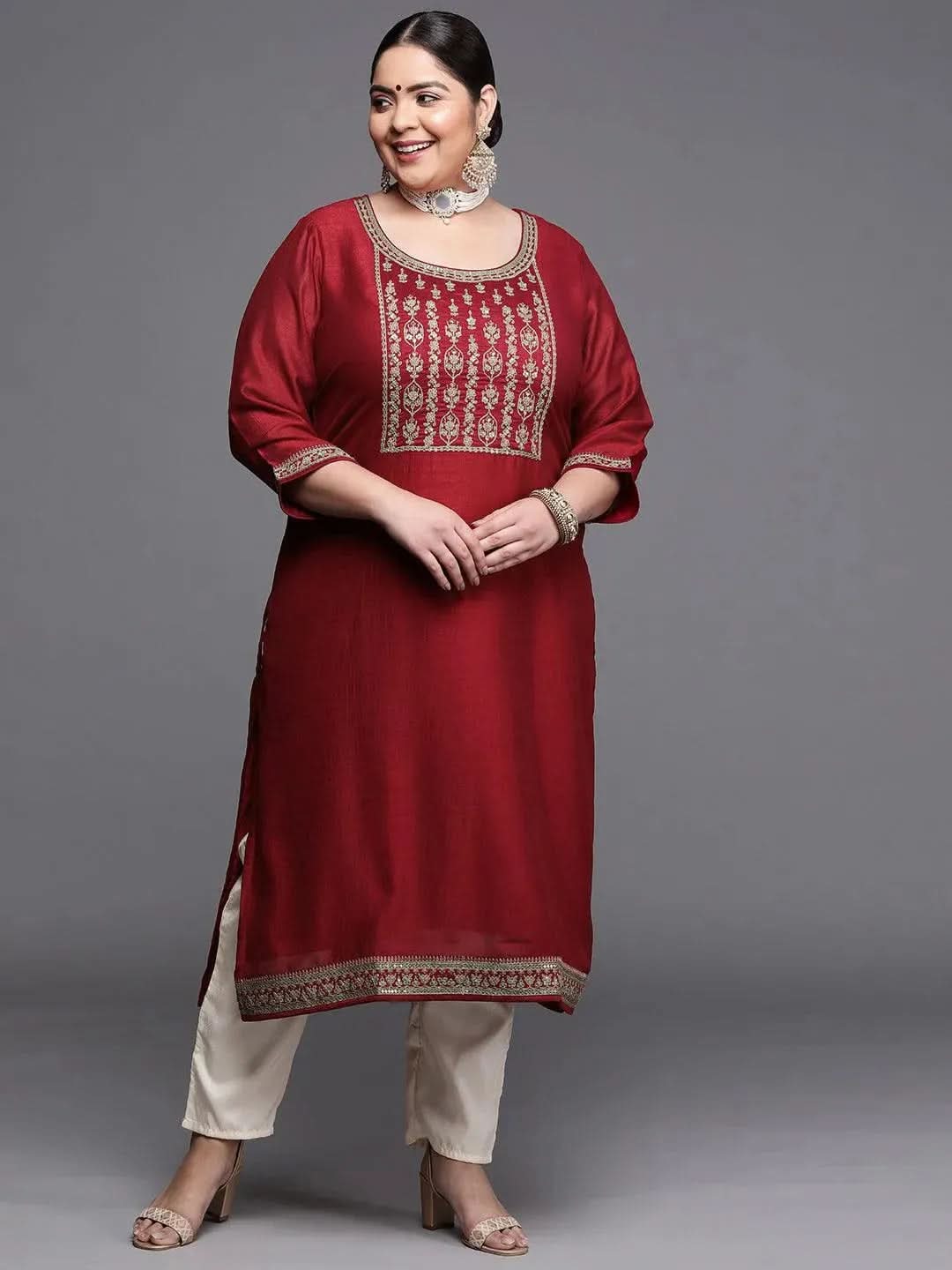 Plus Size Maroon Yoke Design Silk Kurta - Libas 