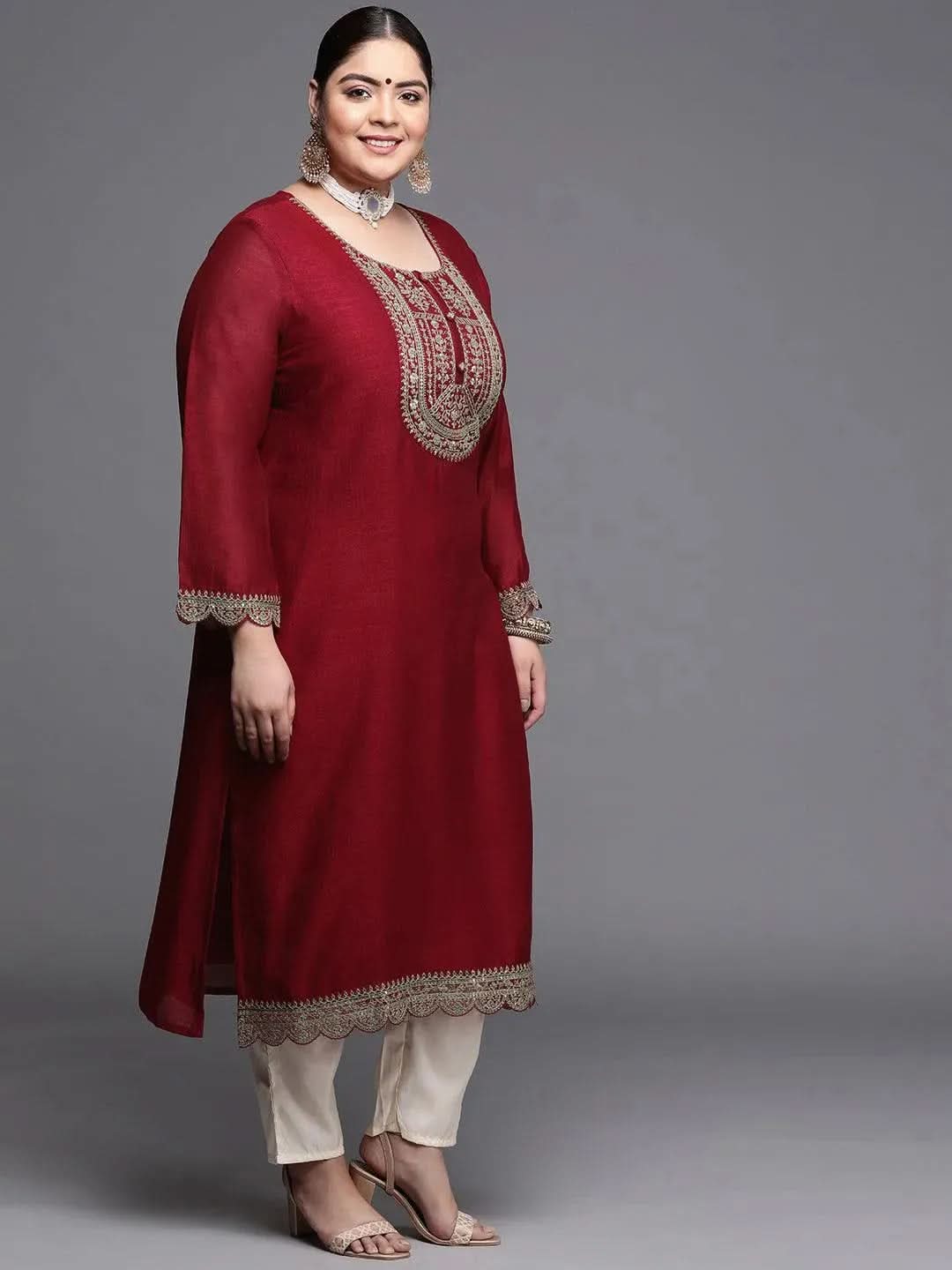 Plus Size Maroon Yoke Design Silk Kurta - Libas 