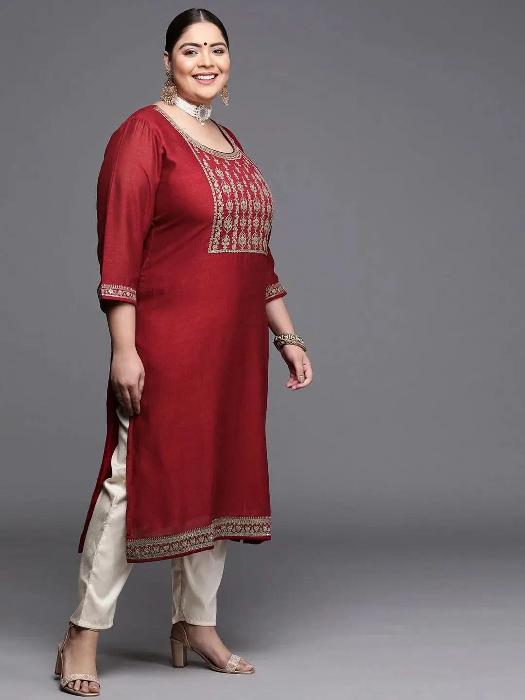 Plus Size Maroon Yoke Design Silk Kurta - Libas 