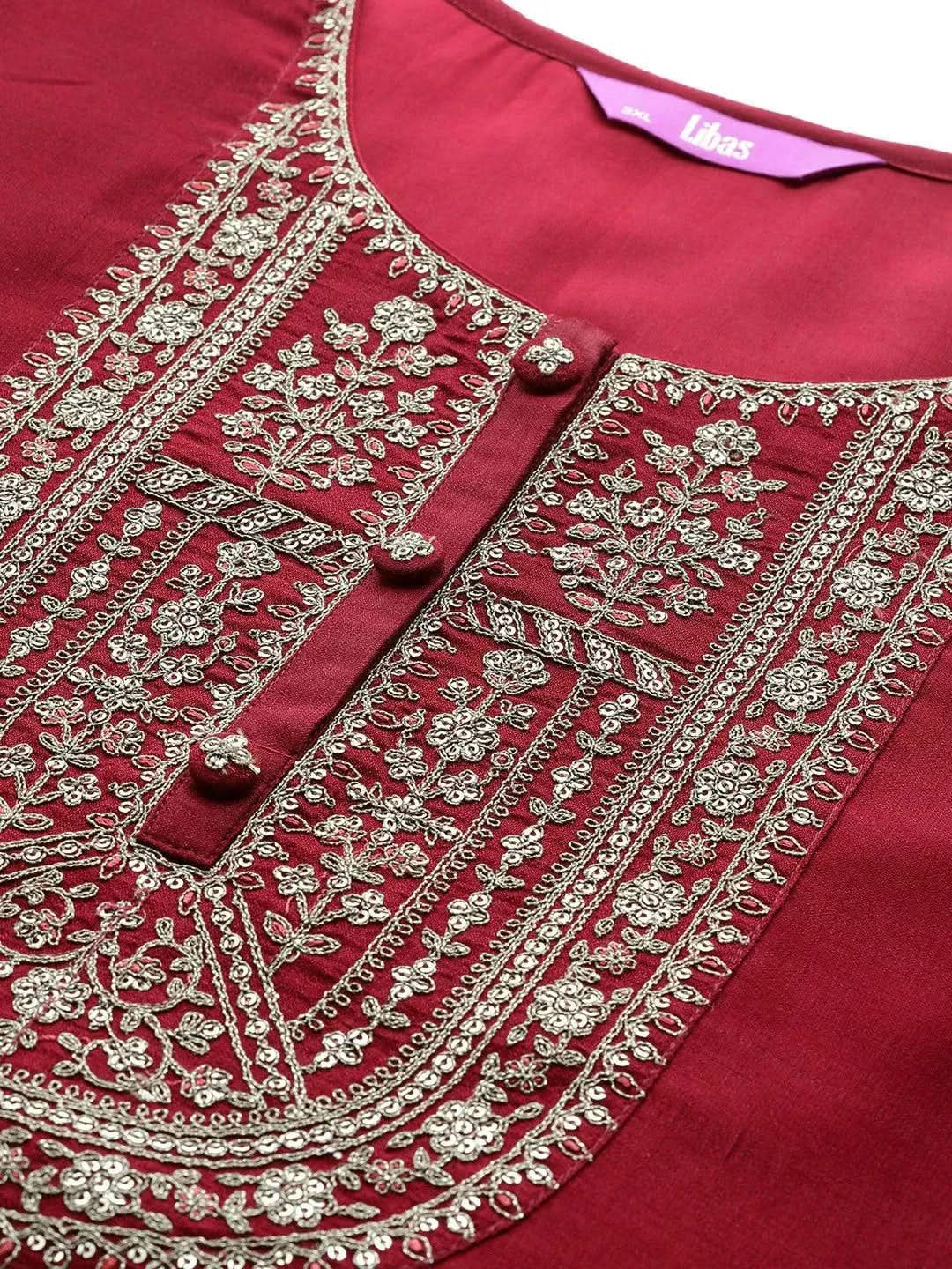 Plus Size Maroon Yoke Design Silk Kurta - Libas 
