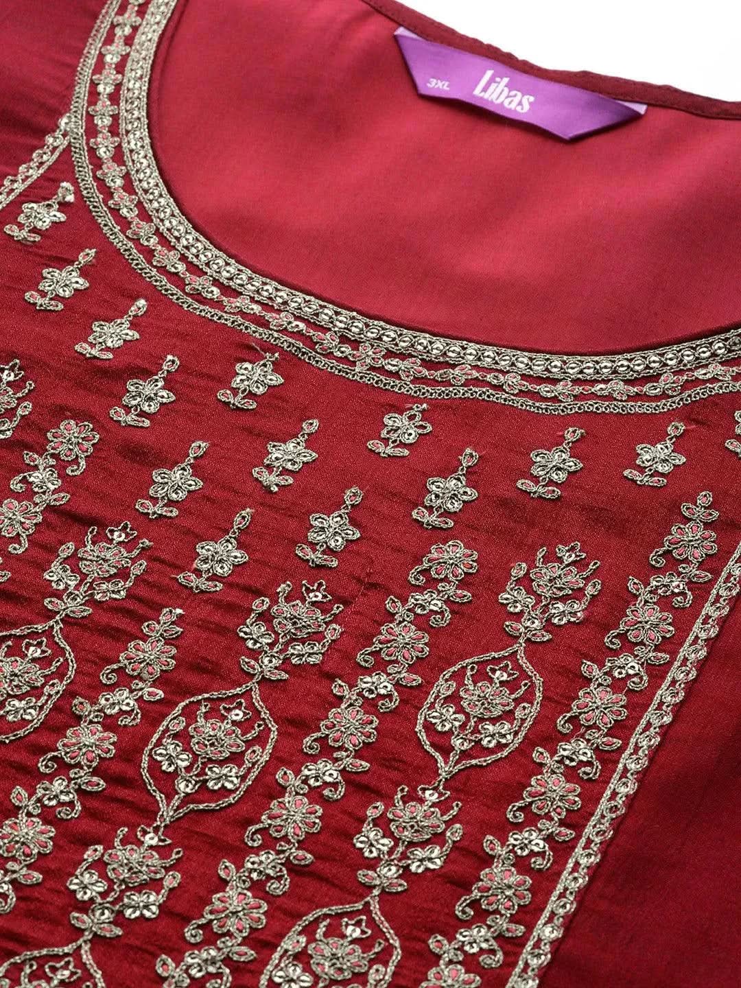 Plus Size Maroon Yoke Design Silk Kurta - Libas 
