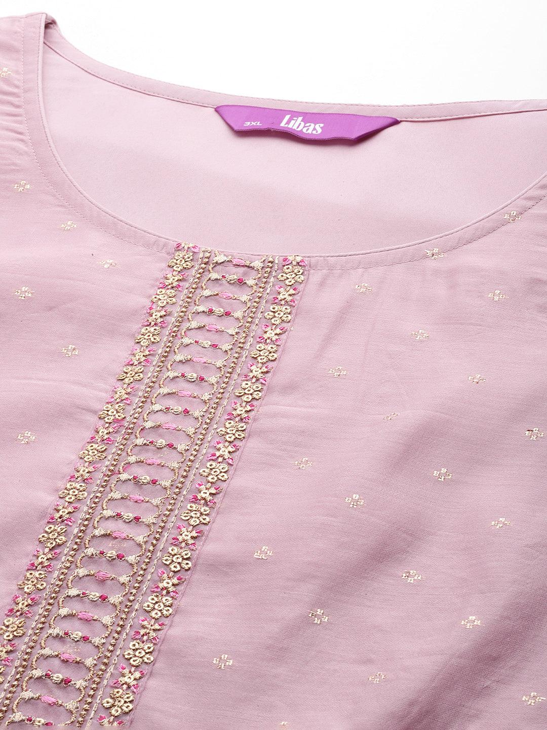 Plus Size Mauve Embroidered Chanderi Silk Straight Kurta - Libas