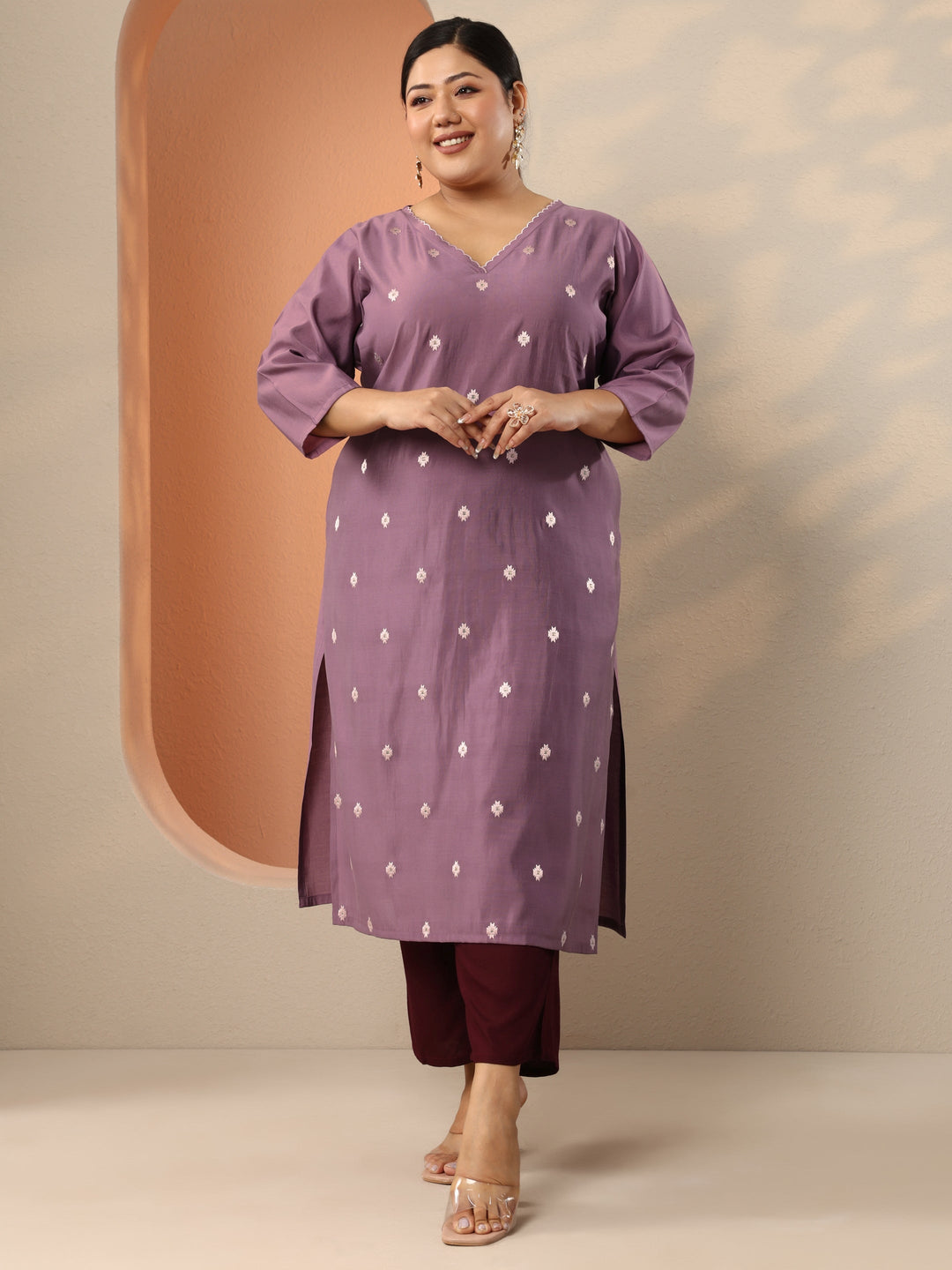  Plus Size Mauve Embroidered Silk Blend Straight Kurta 