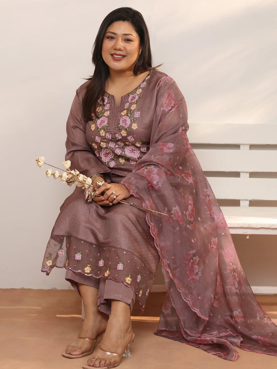 Plus Size Mauve Embroidered Silk blend Straight Suit Set With Dupatta