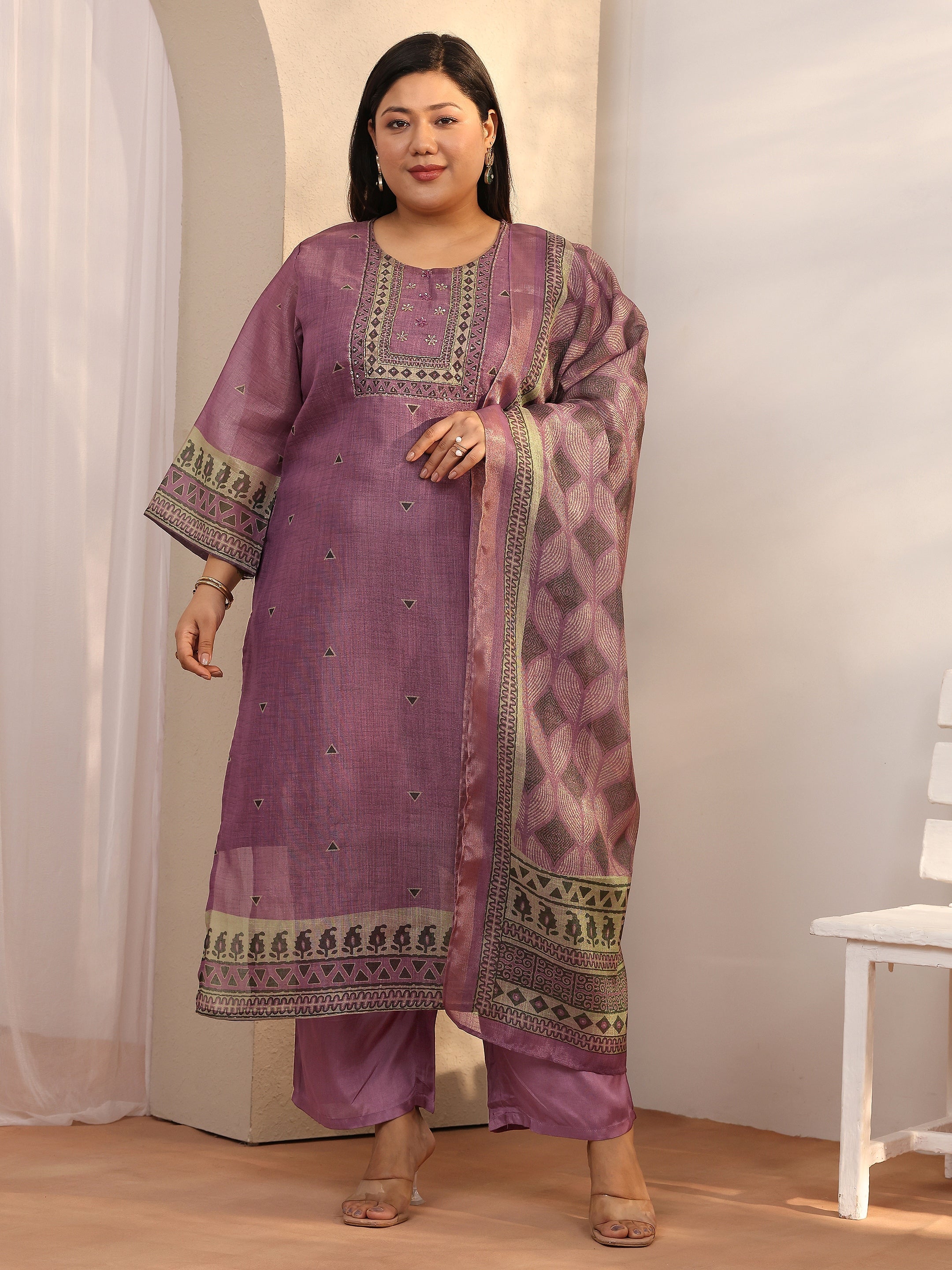 Plus Size Mauve Embroidered Silk blend Straight Suit Set With Dupatta-image-46