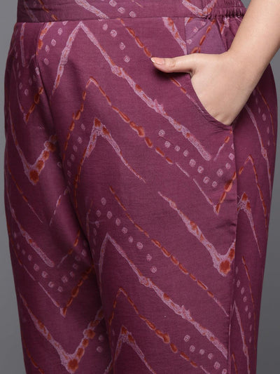 Plus Size Mauve Printed Silk Blend Straight Kurta With Trousers & Dupatta - Libas