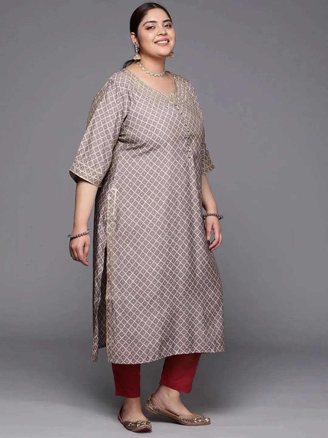Plus Size Mauve Printed Silk Straight Kurta - Libas 