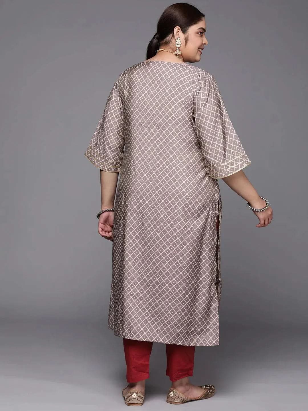 Plus Size Mauve Printed Silk Straight Kurta - Libas 