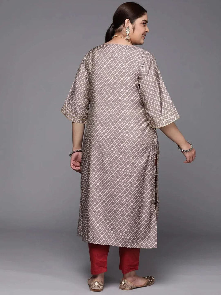 Plus Size Mauve Printed Silk Straight Kurta - Libas