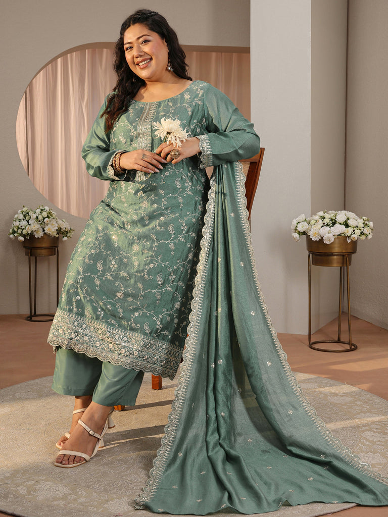 Plus Size Moss Green Floral Embroidered Silk Blend Suit Set