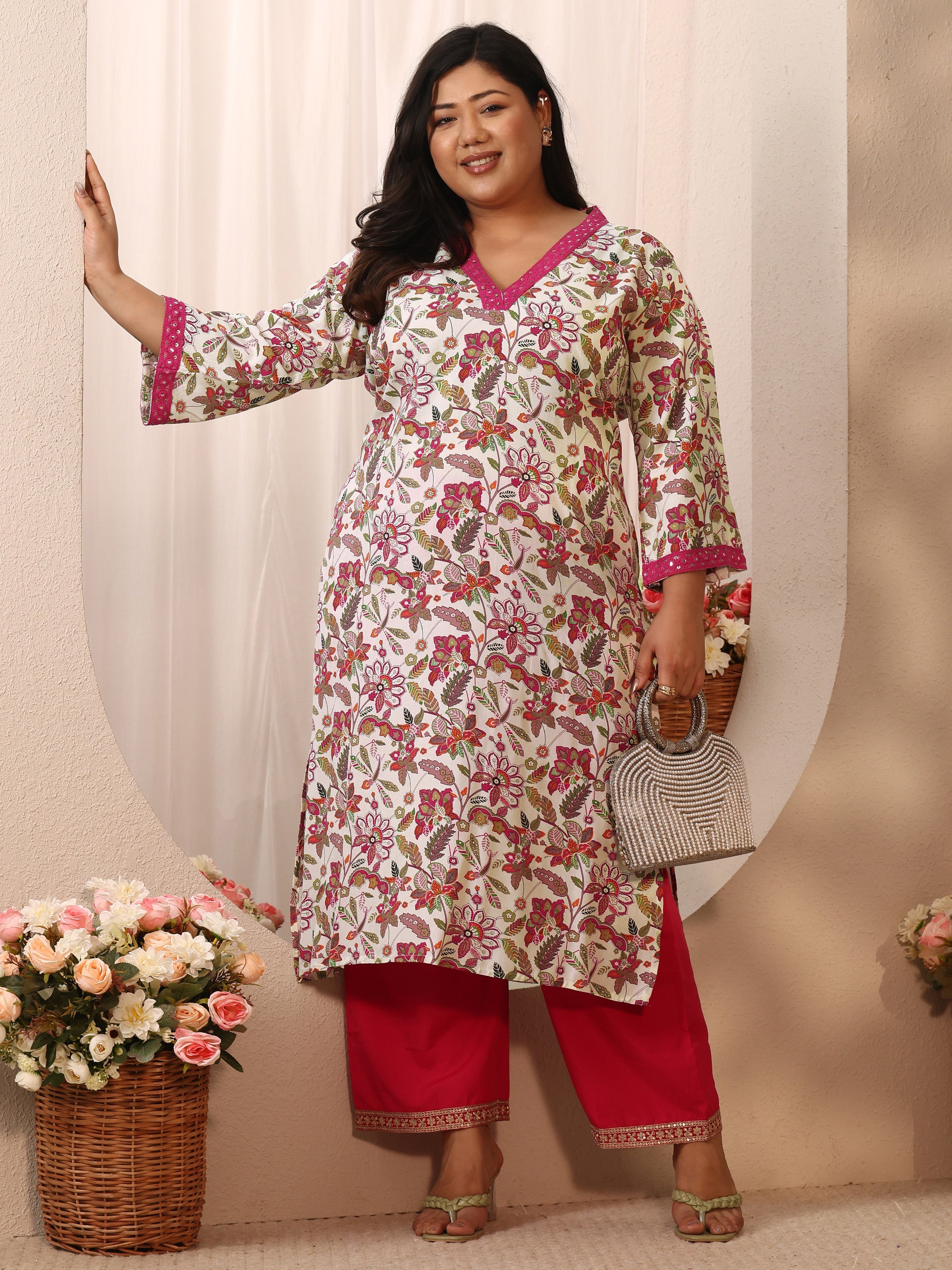 Plus Size Multi -Colored Floral Printed Cotton Straight Kurta-image-28