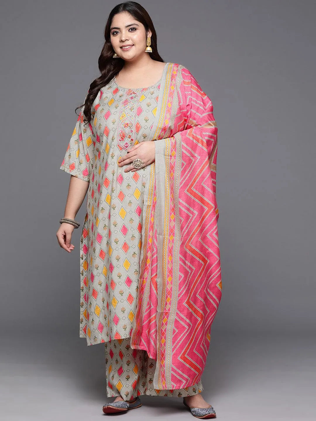 Plus Size Multi Printed Silk Blend Straight Kurta With Trousers & Dupatta - Libas 
